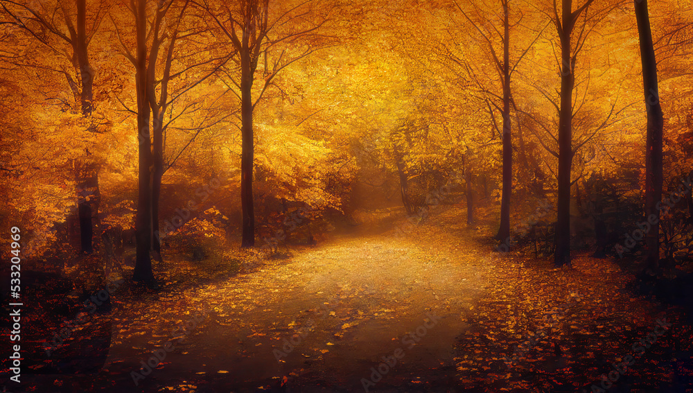 Misty evening in autumn park, golden trees along the alley. Generative AI illustration
