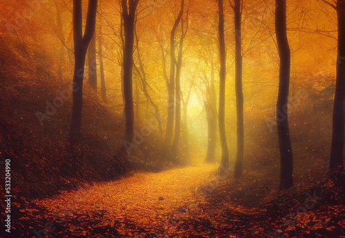 Foggy autumn forest at dusk  trail covered with fallen leaves. Generative AI illustration