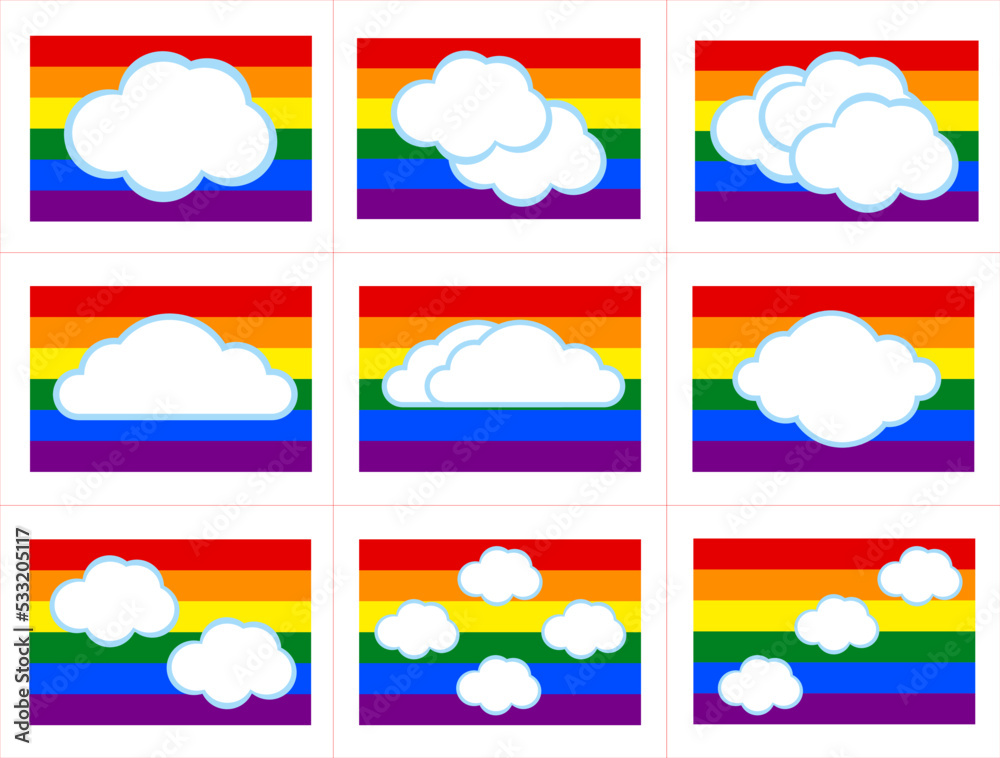 Vektor-Set aus Regenbogenlaggen mit Wolken auf weißem Hintergrund. Symbolisierend für die LGBT-Bewegung (Lesbian, Gay, Bisexual and Transgender).