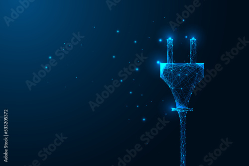 Futuristic Electric plug in glowing low polygonal style isolated on dark blue background photo