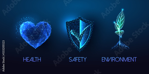 Concept of Health, Safety, Environment HSE for business and industry. Futuristic vector illustration