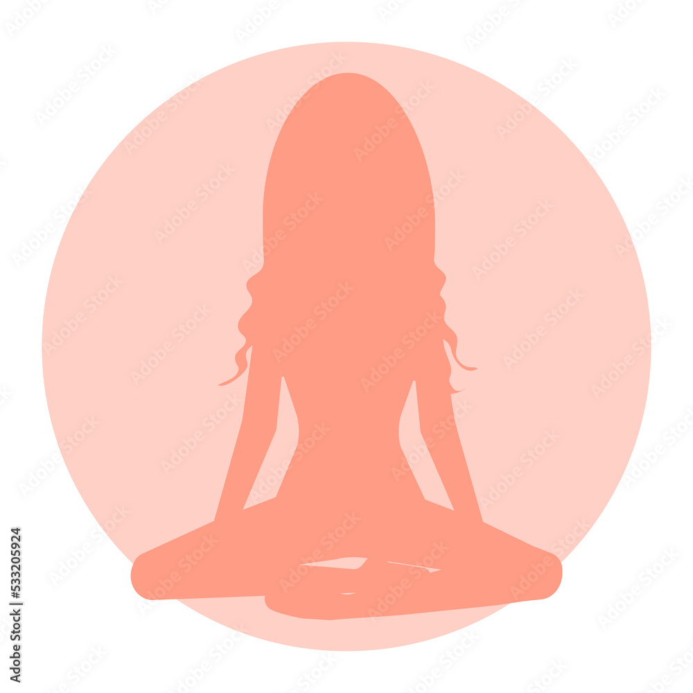 Long hair girl sitting in meditation, pink logo icon for beauty sport relax business. Vector illustration flat design. In yoga lotus position silhouette.