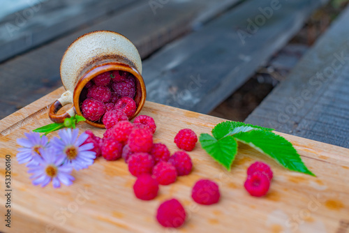 raspberries in a glass and a handful of raspberries and flowers of the Novobelgian Aster. High quality photo photo