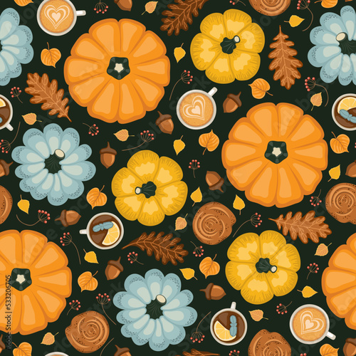 Seamless pattern with colorful pumpkins, cups of tea and cappuccino, cinnamon and different leaves. Vector illustration.