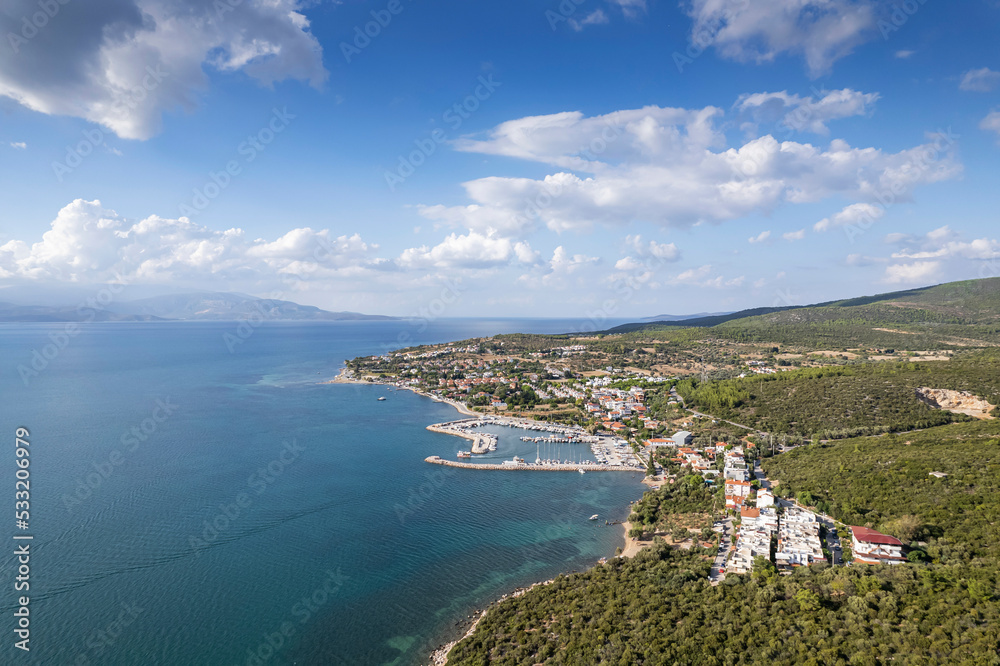 Fototapeta premium Drone shot in beautiful Urla Özbek, Izmir - the third largest city in Turkey. Aerial view