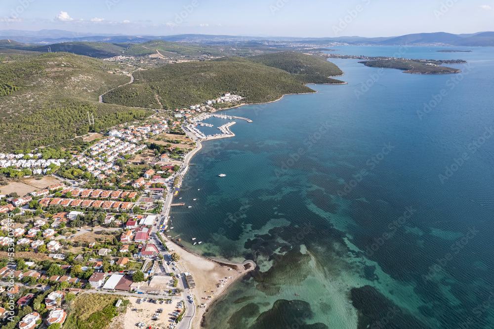 Drone shot in beautiful Urla Özbek, Izmir - the third largest city in Turkey. Aerial view Drone shot in beautiful Urla Özbek, Izmir - the third largest city in Turkey. Aerial view