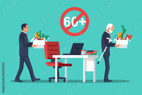 Young employee takes the place of a pensioner. Elderly fired. Dismissed elderly. Fire old man. Dismissal of a pensioner. Age discrimination. Retirement. Job loss due to age. Vector flat design.