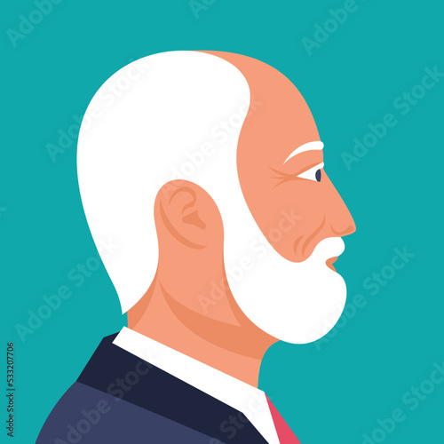 Gray-haired head of an old man with a mustache and beard. Close-up of a businessman's head. Face of a man in profile. Avatar for social networks. Vector illustration flat design.