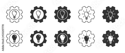 Gear with light bulb inside. Lamp and cogwheel icon. Vector illustration.