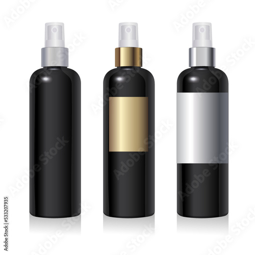 Black plastic bottle mockup with different labels. Round plastic packaging with silver and gold spray isolated on white background. Clean PET container