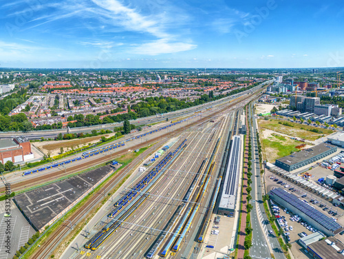 Aerial view of the railways leading to The Hague Central Station