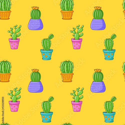 Seamless pattern with different cactus, succulent plant in bright flower pot. Cartoon Cacti. Hand drawing background with houseplants. Vector illustration on yellow background