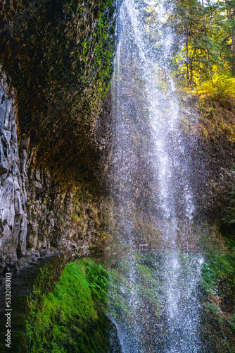 Splashing waterfalls at North Falls in the Silver Falls State Park near Salem  Marion County  Oregon. Long exposure photography.