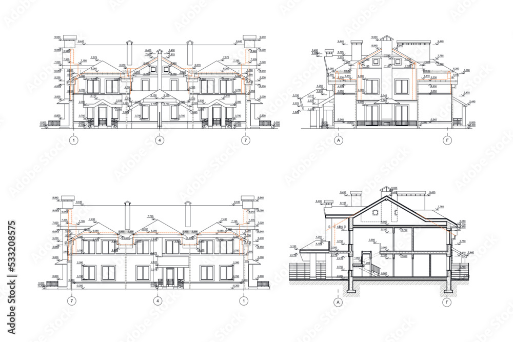 Two story private house section, detailed architectural technical drawing, vector blueprint