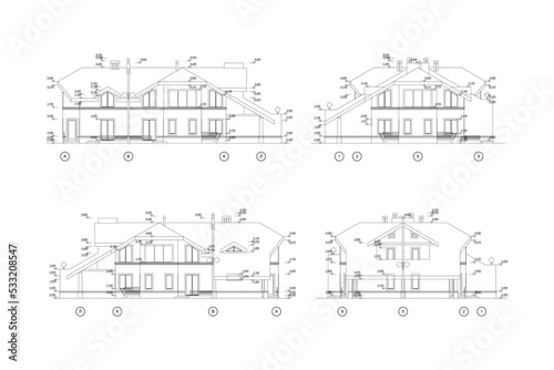 Two story private house section, detailed architectural technical drawing, vector blueprint