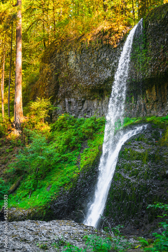 Double waterfalls in the Silver Falls State Park near Salem  Marion County  Oregon. Long exposure photography.