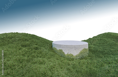 A 3d rendering image of product display on grass field