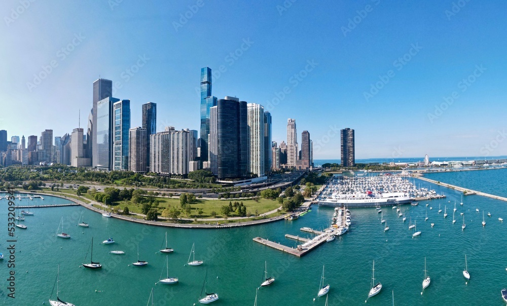 Fototapeta premium Aerial city skyline view of Chicago during summer time. Illinois, USA