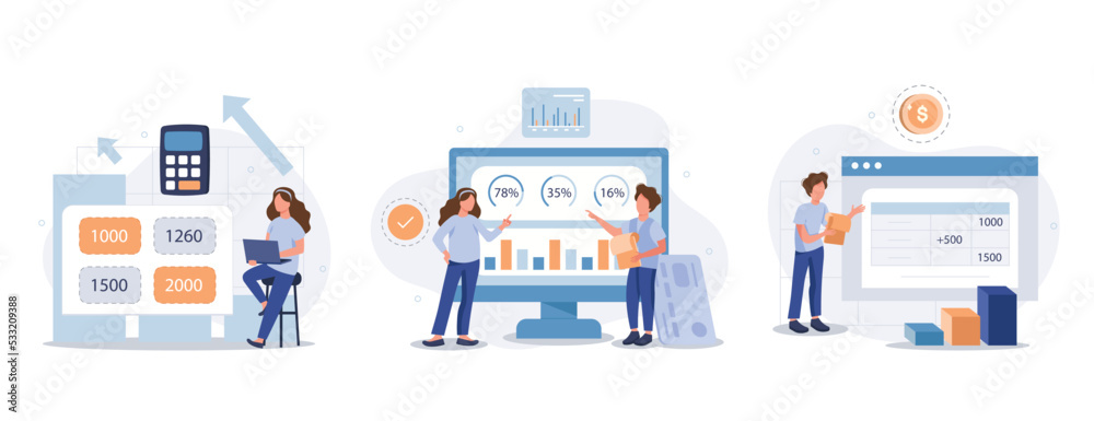 Financial report illustration set. Characters analyzing charts, balance sheet, income statement and other business data. Financial management concept. Vector illustration. Financial report illustration set. Characters analyzing charts, balance sheet, income statement and other business data. Financial management concept. Vector illustration.