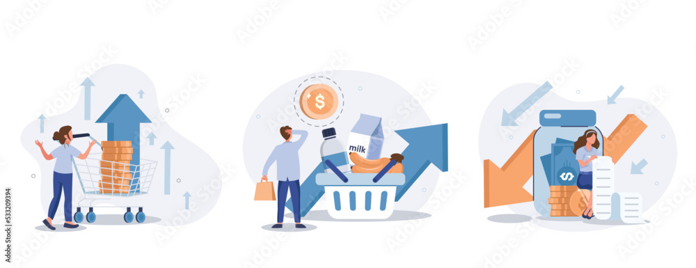 Inflation illustration set. Characters buying food in supermarket and worries about groceries rising price. Consumer price index growth and financial crisis concept. Vector illustration. - obrazy, fototapety, plakaty 