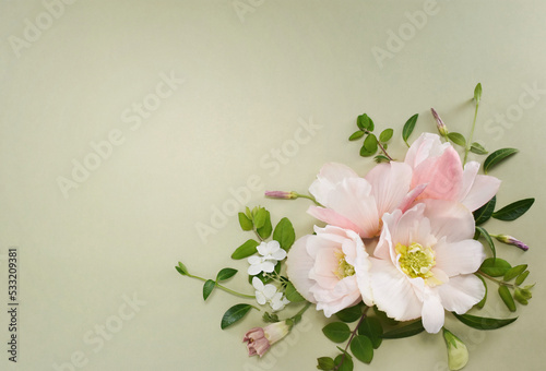 Delicate blooming festive white begonia and light pink rose flowers  blossoming flower soft pastel background  wedding bouquet floral card  selective focus