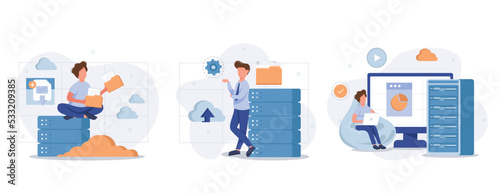 Big Data and Cloud Computing illustration set. Business characters using remote servers to analyzing large sets of data and recognizing mistakes. Actionable data concept. Vector illustration.
