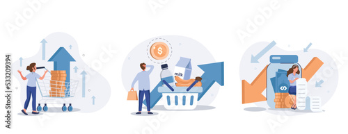 Inflation illustration set. Characters buying food in supermarket and worries about groceries rising price. Consumer price index growth and financial crisis concept. Vector illustration. photo
