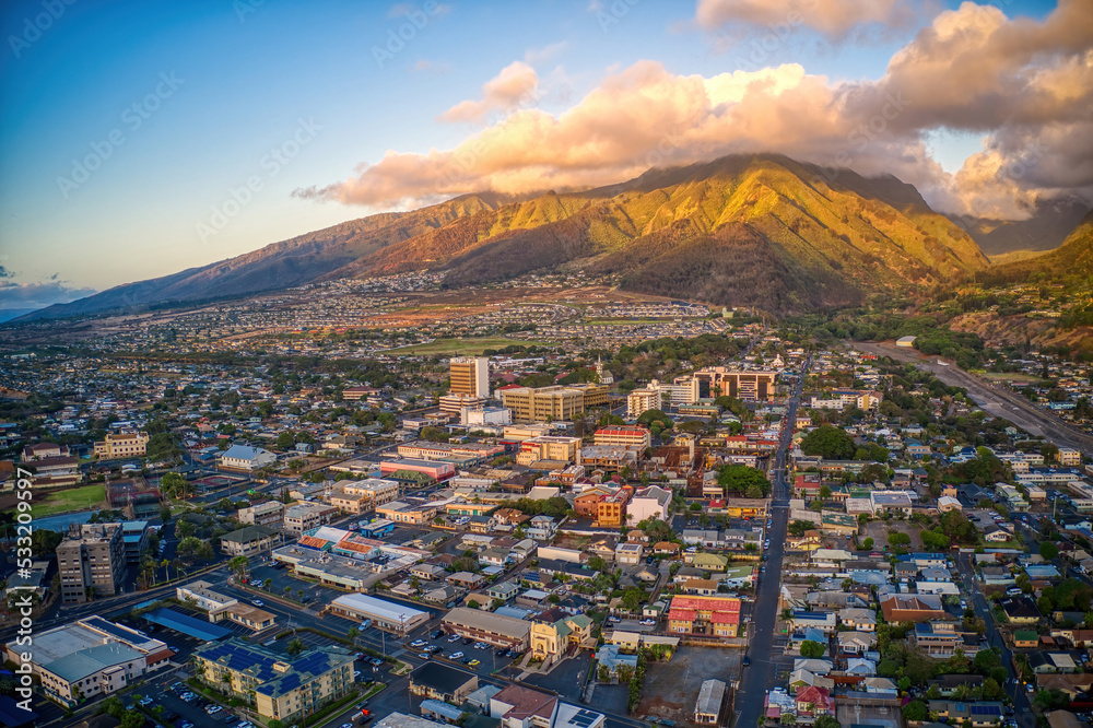 Aerial View of the City of Wailuku on the Island of Maui in Hawaii