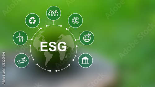 World sustainable environment concept design.Green earth for Environment Social and Governance ESG. Solving environmental, social and management problems with figure icons.