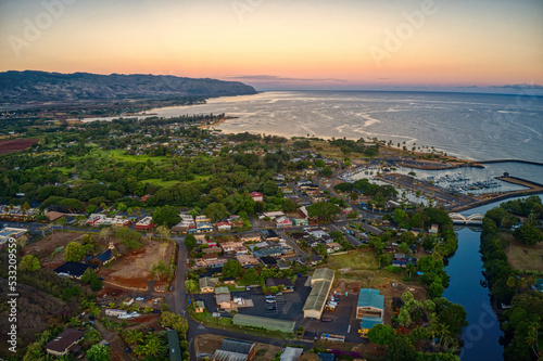 Aerial View of the Hawaiian Village of Haleiwa at Sunrise.