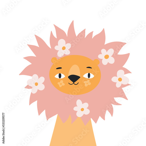Cute lion with flowers. Modern vector illustration. Jungle life clipart. Vector illustration. Funny doodle animals. 