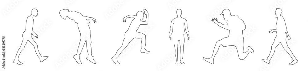 men vector silhouettes of standing, running, and walking people, isolated line art men vector silhouettes of standing, running, and walking people, isolated line art