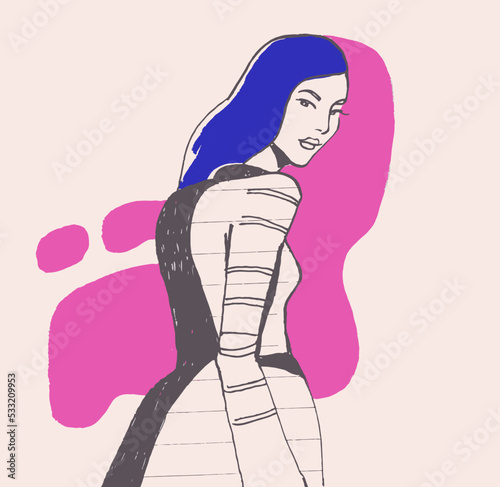 Hand drawn woman with blue hair, fashion illustration, vector