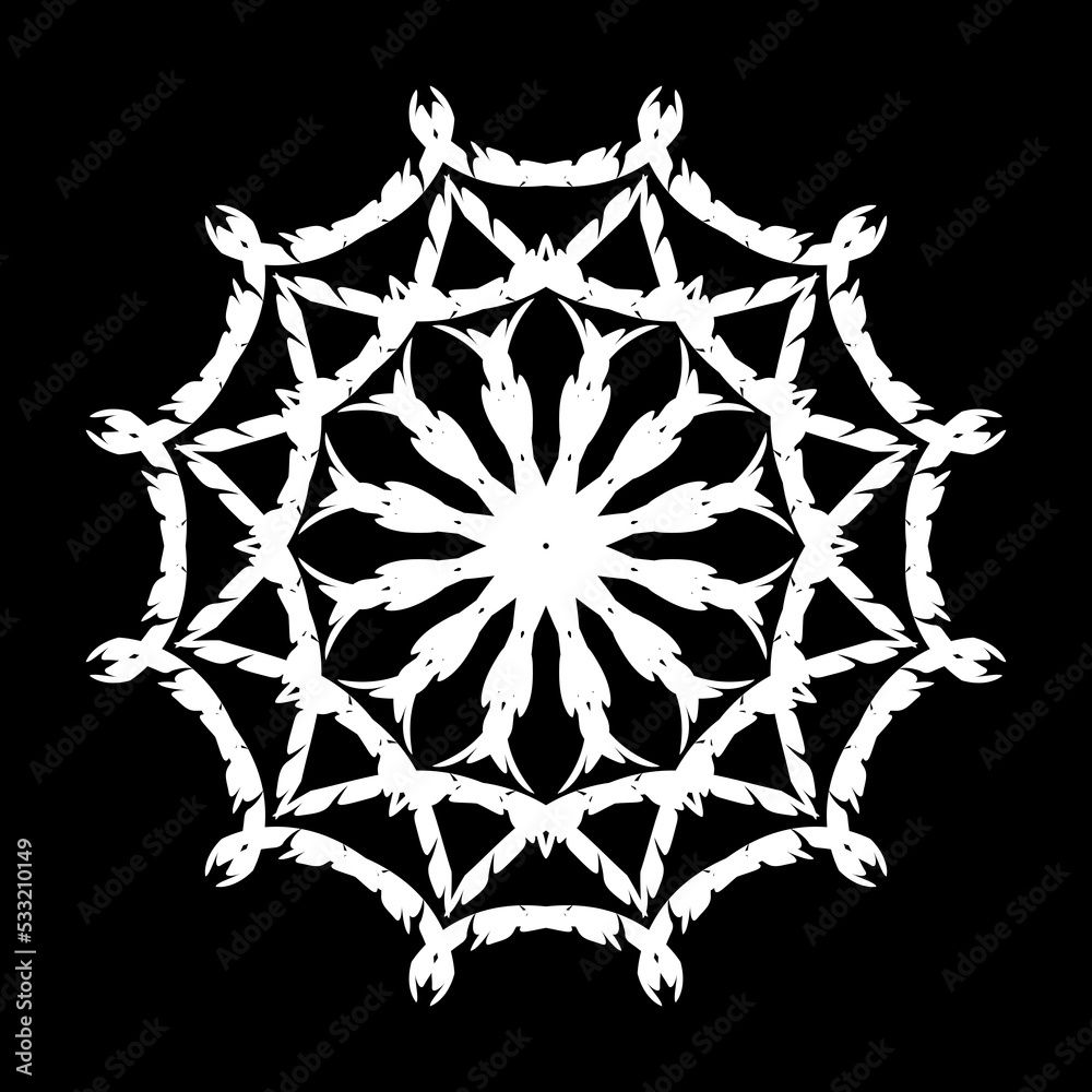 White mandala on black background. Sketch Good mood. Decoration white Mandala symbol. Vector 