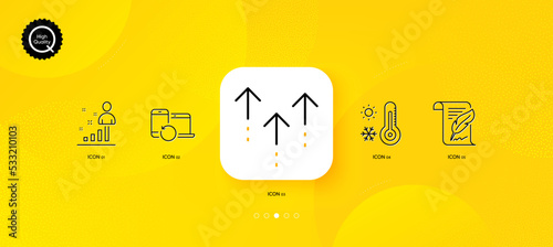 Weather thermometer, Swipe up and Stats minimal line icons. Yellow abstract background. Recovery devices, Feather icons. For web, application, printing. Vector