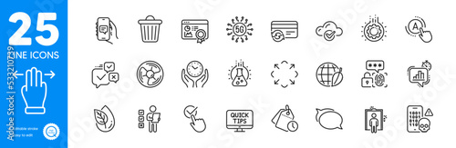 Outline icons set. Multitasking gesture, Organic product and Safe time icons. Online voting, Checkbox, Chemistry lab web elements. Chat app, Elevator, Statistics timer signs. Vector