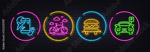 Flight destination, Food delivery and Bike rental minimal line icons. Neon laser 3d lights. Parking icons. For web, application, printing. Airplane trip, Burger, Bicycle. Car park. Vector