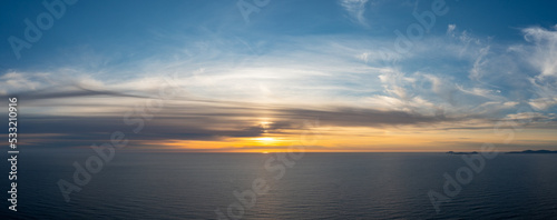 panorama seascape of a calm Atlantic Ocean at sunset with an expressive sky