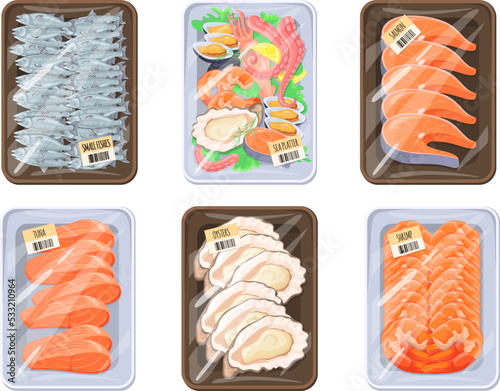 Seafood trays. Plastic packaging frozen river red fish or fresh sea food product, slice raw salmon tuna wrap container for grocery warehousing shopping cartoon vector illustration