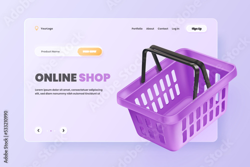 3d online shop basket. Floating purple shopping cart for marketing trading store website promotion browser page, empty supermarket bucket fashion goods, render vector illustration