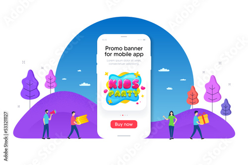 Kids party sticker. Phone ui interface banner. Fun playing zone banner. Children games party area icon. Mobile smartphone promo banner. Kids party tag. Man with gift box. Vector