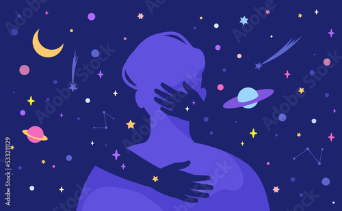 Hug universe. Woman hands hugging spiritual friend kiss dream lover mystic couple embrace occult power zen energy spirit connection abstract sexy guy silhouette vector illustration