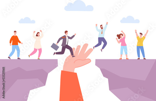 Leader hand helping supporters. Partnership support concept, mentor business trainer help, giant hands supporting bridge at abyss, employee teamwork vector illustration