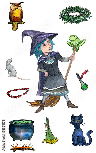 Set with watercolor samhain, Halloween, witch attributes