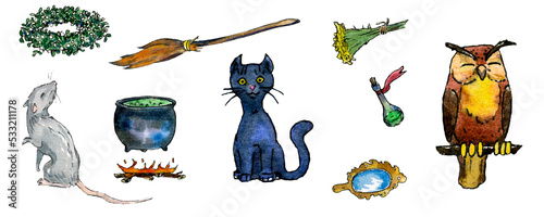Set with watercolor samhain, Halloween, witch attributes