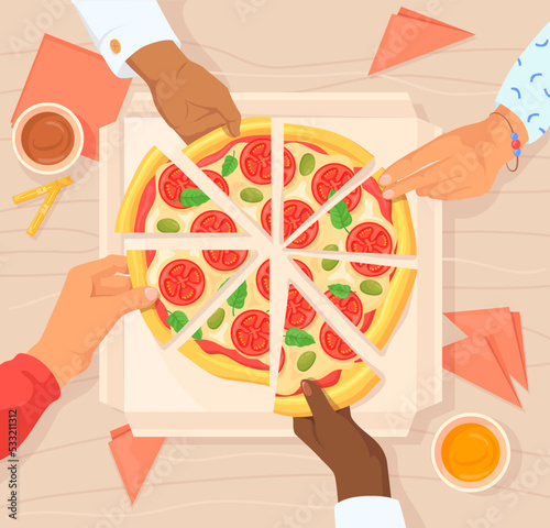 Hands taking pizza. Party eating dinner, share meal with hungry family or comer friends, hand grab slice pizzas eat dish office colleagues together lunch, neat vector illustration