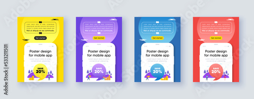 Poster frame with phone interface. Save 20 percent off tag. Sale Discount offer price sign. Special offer symbol. Cellphone offer with quote bubble. Discount message. Vector