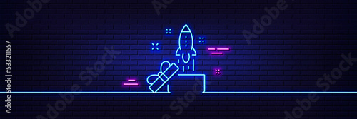 Neon light glow effect. Out of the box line icon. Launch Project sign. Startup symbol. 3d line neon glow icon. Brick wall banner. Innovation outline. Vector