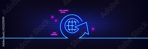 Neon light glow effect. Global business line icon. Share arrow sign. World globe symbol. 3d line neon glow icon. Brick wall banner. World globe outline. Vector