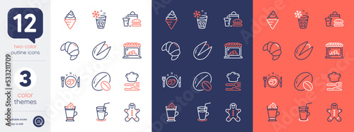 Set of Ice maker, Pistachio nut and Fast food line icons. Include Market, Soy nut, Latte coffee icons. Gingerbread man, Food, Cocktail web elements. Ice cream, Croissant, Romantic dinner. Vector